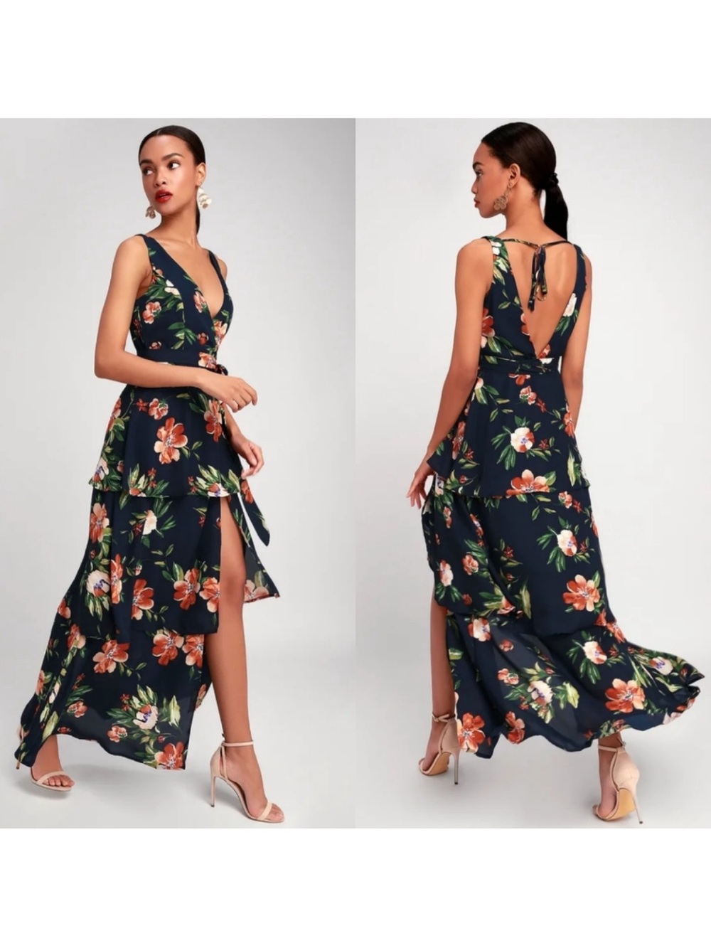 Bouquet, Girl, Hey! Navy Blue Floral Print Wrap Maxi Dress - Picture 3 of 8